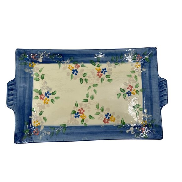 Poterie Provence Hand-Painted Ceramic Serving Platter Floral‎ Blue Border - Picture 1 of 8